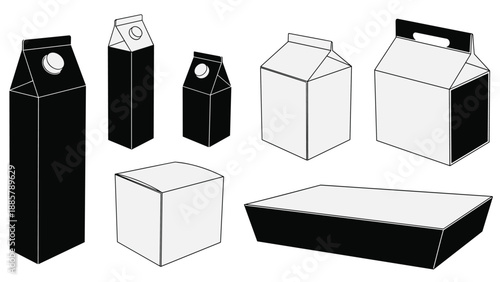 Set of various milk and juice carton packaging designs in black and white with different shapes and features like caps and handles for branding.