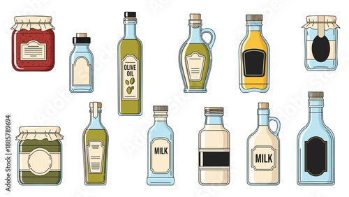 Collection of glass storage jars and bottles for kitchen organization with labels for olive oil, milk, and jam in a clean and modern design.