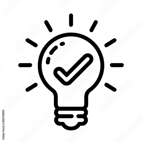 Bulb Checkmark Vector, Quick Tip Line Icon for Smart Ideas and Creative Solutions