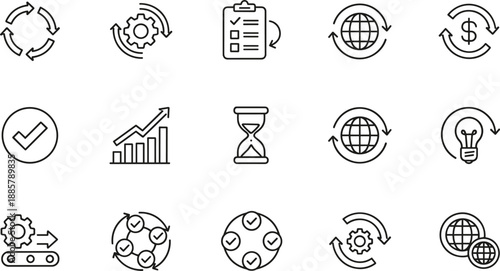 Business process line icon set with workflow automation global finance growth planning time management symbols outline vector