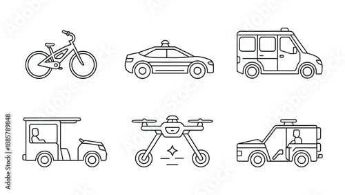 Modern Transport Icons: A collection of various modern transport icons, illustrating different modes of transportation, suitable for use in design projects or presentations.