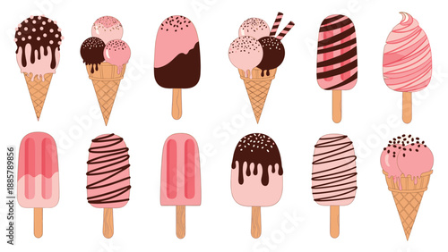 Assortment of delicious pink and chocolate flavored ice cream treats including popsicles and cones with various toppings and textures.