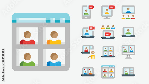 Team call and remote meeting icons set