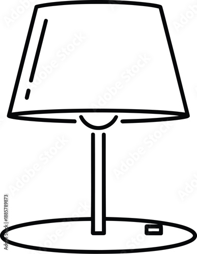 Simple black and white line art icon depicting a modern desk lamp with a conical shade standing on a circular base emphasizing minimalistic household object design for illumination concepts.