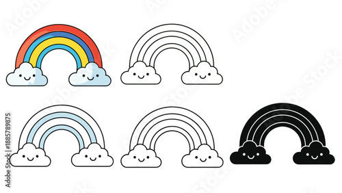 Selection of rainbow icons with smiling clouds shown in various graphic styles including colored, monochrome outline, and solid black silhouette.