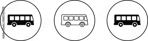 Bus transport icon set in circle styles solid and outline symbols for public transportation flat vector illustration design