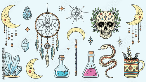 Beautiful collection of boho and mystical design elements featuring a dreamcatcher, crystals, moon faces, a snake, and magic potion bottles.