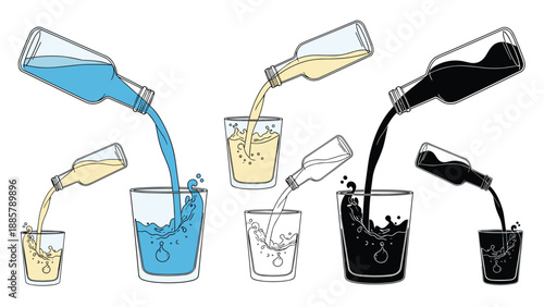 Dynamic illustrations of liquid being poured from glass bottles into glasses shown in blue, beige, white, and solid black color options.