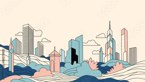 Modern stylized city skyline illustration featuring skyscrapers and abstract landscape forms in soft blue, pink, and beige color tones.