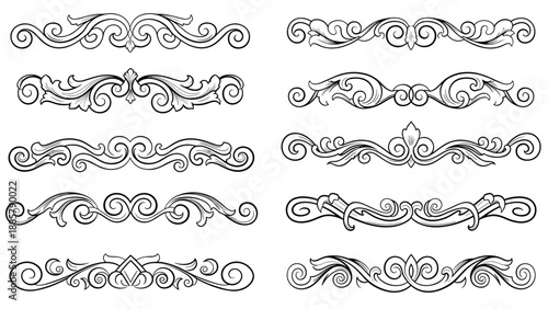 Collection of ten ornate vintage-style decorative dividers and flourishes in black and white line art for elegant document design.