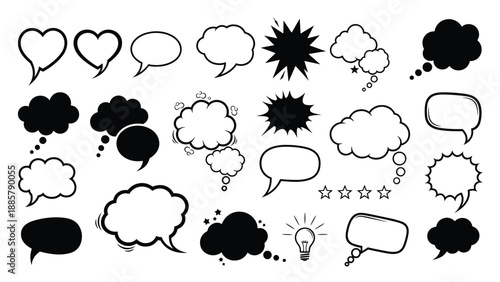 Large collection of diverse speech and thought bubble icons presented in various styles including silhouettes, outlines, and comic effects.
