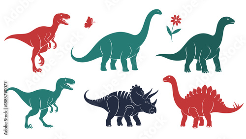 Collection of various dinosaur silhouettes in red, green, and dark blue colors accompanied by a small butterfly and flower.