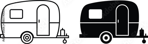 Camping caravan trailer icon set in outline and solid styles for travel tourism recreation flat vector illustration