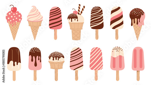 Comprehensive collection of various ice cream treats including popsicles, cones, and sundaes in chocolate and strawberry flavors with toppings.