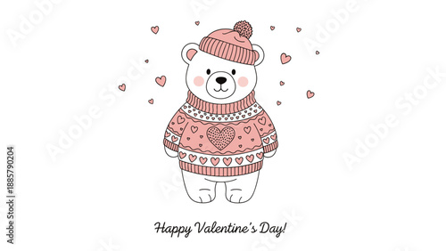 Cute white polar bear wearing a pink knit sweater and matching beanie hat surrounded by hearts for Valentine Day greeting.