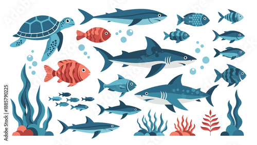 Vibrant underwater scene featuring sharks, a sea turtle, colorful fish, and aquatic plants in a detailed ocean life illustration.