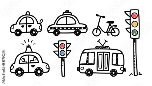 Traffic Doodle Collection: A charming collection of hand-drawn vehicles, including cars, a bicycle, a tram, and traffic signals, ready for illustrative projects. 