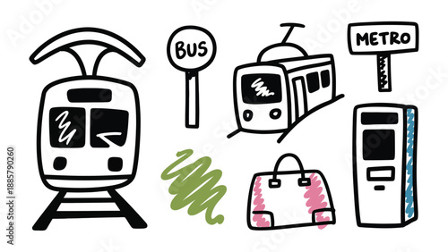 Urban Transit Sketches: A collection of charming hand-drawn illustrations depicting various modes of urban transportation, including a bus stop sign, a train, metro station sign, train and luggage.