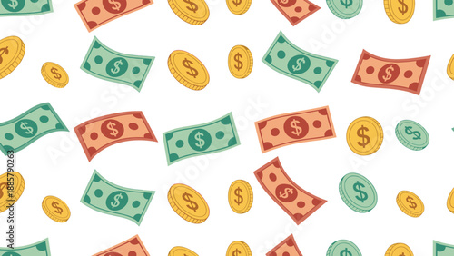 Seamless pattern of cartoon style paper money bills and gold coins scattered across a white background.
