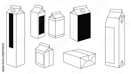 Collection of line drawings showing various beverage and milk cartons in different sizes and three dimensional perspectives.