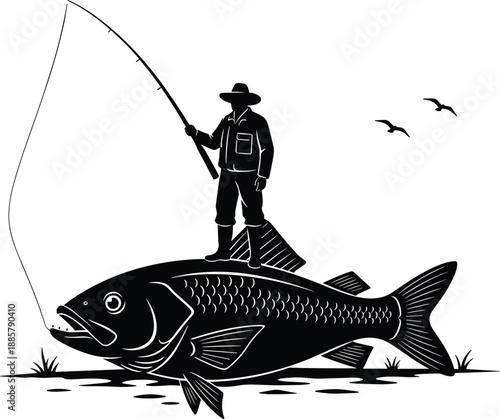 Fisherman silhouette, giant fish, surreal catch, black and white, whimsical scene, fishing fantasy, water splash, artistic concept, nature humor, dreamlike moment, outdoor illustration