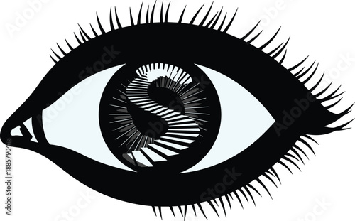 Eye illustration, surreal staircase, visual depth, black and white, symbolic vision, artistic anatomy, spiral motion, perception concept, dreamlike design, insight metaphor, creative structure