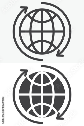 Globe with circular arrows news icon set in line, outline and solid style. Editable stroke vector sign and symbol for global news icon, media update and world information icon.