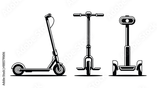 Scooter Views: This image showcases three different perspectives of a sleek, modern scooter, highlighting its design and functionality. 