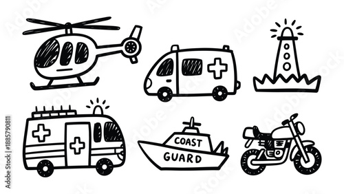 Emergency doodle illustrations: A hand-drawn collection of emergency service vehicles and elements, capturing a sense of urgency and readiness for action.