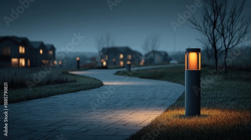 A winding paved path illuminated by modern bollard lights in a quiet suburban neighborhood at dusk
