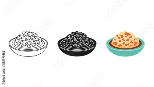 Three bowls of cereal with different colored backgrounds and line art styles