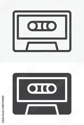 Audio cassette tape retro media icon set in line, outline and solid style. Editable stroke vector sign and symbol for audio news icon, recording media and journalism icon.