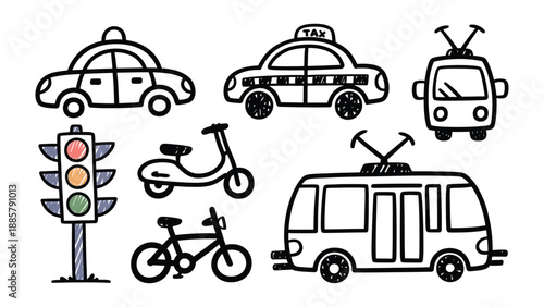 Doodle Transport Collection: A charming doodle showcases various means of transportation, from cars and buses to bikes, evoking a sense of city life and movement.