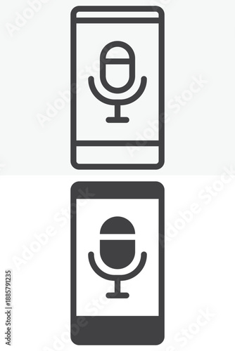 Smartphone with microphone media icon set in line, outline and solid style. Editable stroke vector sign and symbol for mobile news icon, audio recording and journalism icon.