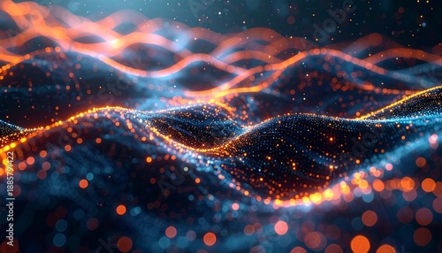 Digital Flow Waves: A mesmerizing digital artwork features glowing orange and blue waves, creating a captivating visual representation of interconnected data and technology.