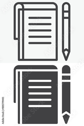 Notebook paper with pen journalism icon set in line, outline and solid style. Editable stroke vector sign and symbol for reporter news icon, writing and media icon.