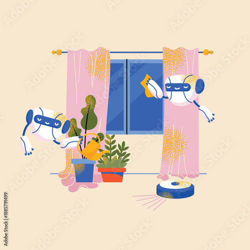 Smart Home Automation Concept with Cute Domestic Robots Cleaning Windows, Watering Indoor Plants, and Vacuuming Floor. Futuristic AI Assistants Helping with Household Chores Vector Illustration.
