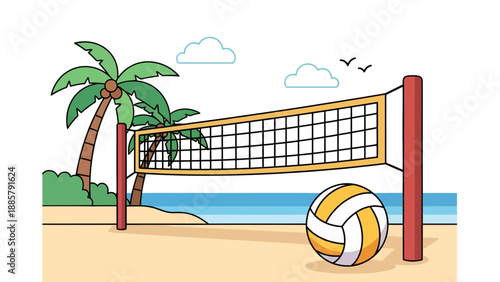 Beach Volleyball Court Vector Illustration with Ball on Sand, Tropical Palm Trees and Ocean Background, Summer Sports Recreation and Vacation Concept Graphic