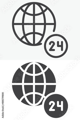 World globe with 24h sign news icon set in line, outline and solid style. Editable stroke vector sign and symbol for nonstop news icon and global media icon.