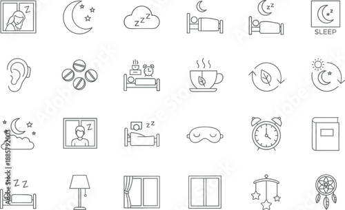 Large set of outline sleep icons featuring moon, stars, beds, alarm clocks, and sleeping masks for bedtime rest.