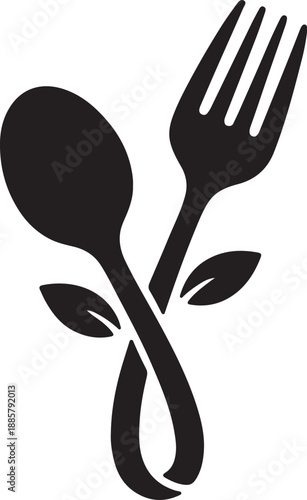 Restaurant Logo Vector Crossed Spoon and Fork with Leaves Icon for Healthy Dining