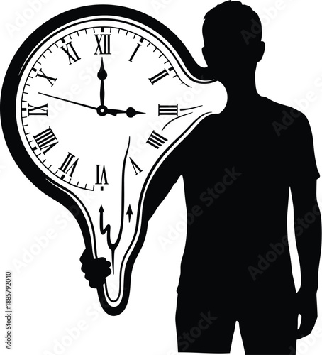 Melting clock, surreal time, distorted watch, Roman numerals, silhouette figure, Salvador Dalí style, time concept, abstract art, psychological symbolism, black background