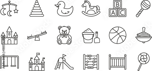 Large set of outline toy and playground icons featuring rocking horse, rubber duck, teddy bear, blocks, and swing set.