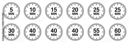 Timer Icon Vector, Circular Countdown Set from 5 to 60 Minutes for UI UX Design