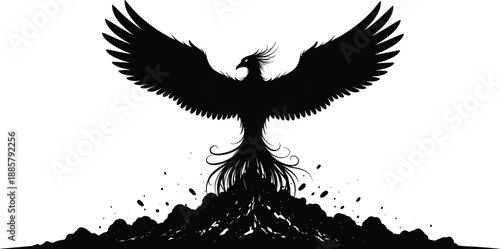 Phoenix silhouette, rising from ashes, rebirth symbol, black and white, mythological bird, renewal concept, dramatic wings, fire spirit, transformation art, powerful pose, legend theme