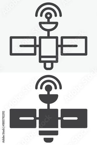 Orbit satellite broadcast icon set in line, outline and solid style. Editable stroke vector sign and symbol for satellite news icon, signal media and space icon.