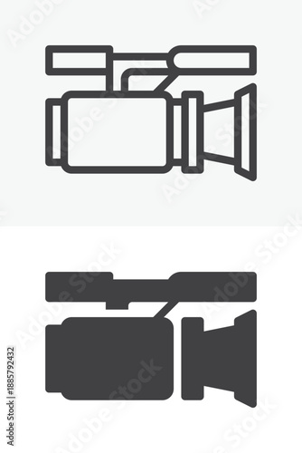 Professional video camera media icon set in line, outline and solid style. Editable stroke vector sign and symbol for filming news icon, broadcast and media icon.