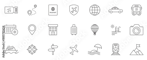 Travel editable stroke icons set. Travel, hotel, holiday, tourism, beach, plane, map, agent and insurance. Vector Illustration.