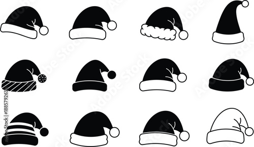 Christmas Santa hat solid icon set with winter holiday headwear festive celebration symbols vector