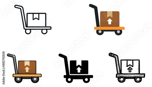 Iconic logistics hand truck set featuring a package on a dolly in various styles for delivery and transportation